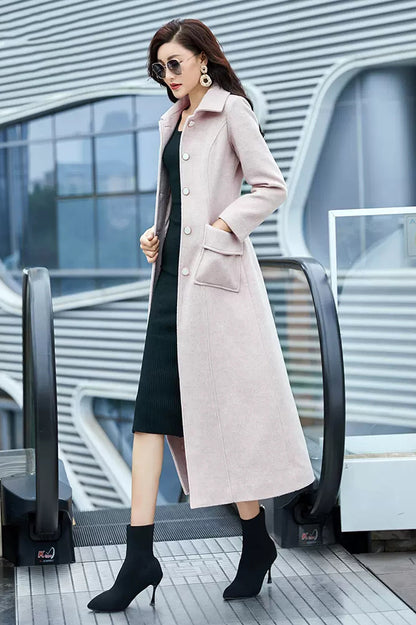 Light Pink Wool Coat – Handmade Long Slim Fit Winter Overcoat for Women 3977