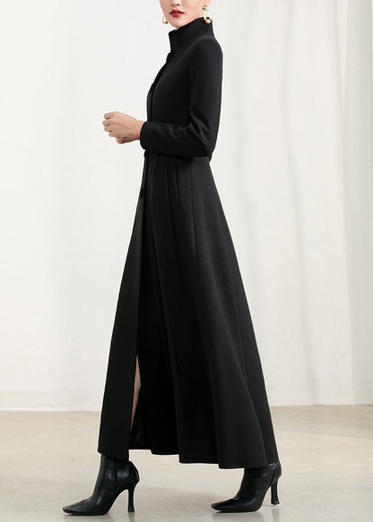 Black Wool Maxi Coat - High Collar, Fit and Flare Silhouette 2957