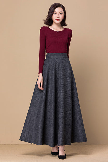 Grey Wool Full Maxi Skirt - Plaid Pattern with Elastic Waist 3798