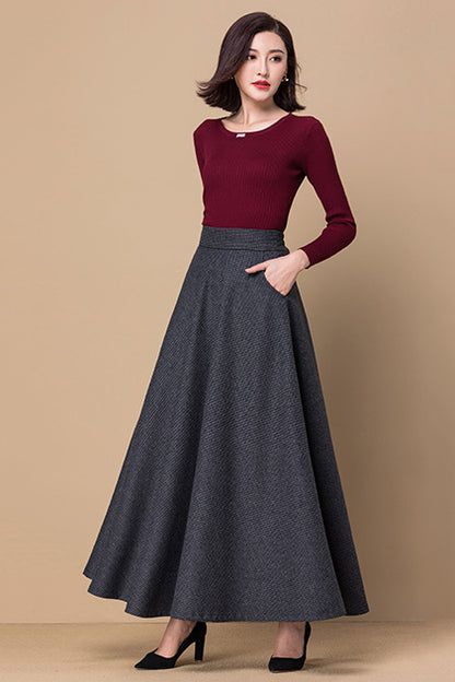 Grey Wool Full Maxi Skirt - Plaid Pattern with Elastic Waist 3798