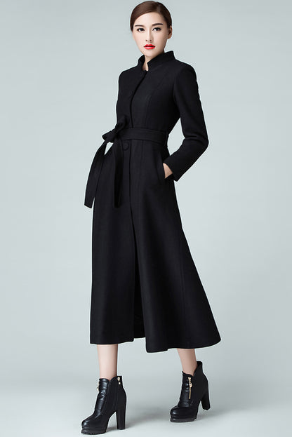 Handmade Burgundy Wool Coat – Elegant High Neck Belted Long Overcoat | Xiaolizi 3986