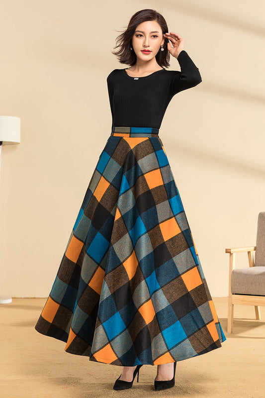 Long Casual Plaid Wool Skirt 3948