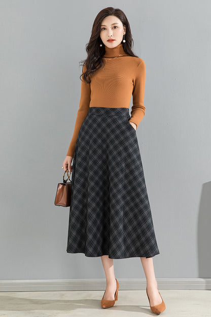 Black Plaid Cotton Blend Midi A-Line Skirt - Elastic High Waist 40