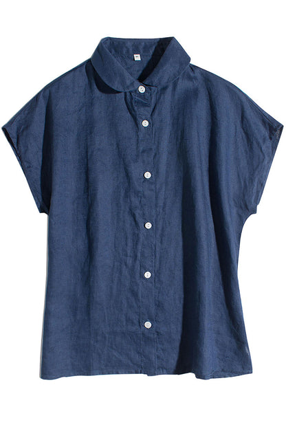 Beige Linen Shirt Top - Loose Fit Short Sleeve Button-Up 3654