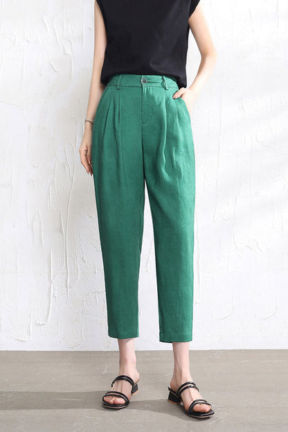 Rust Brown Linen Casual Pants - Loose Fit, Elastic Waist 3512