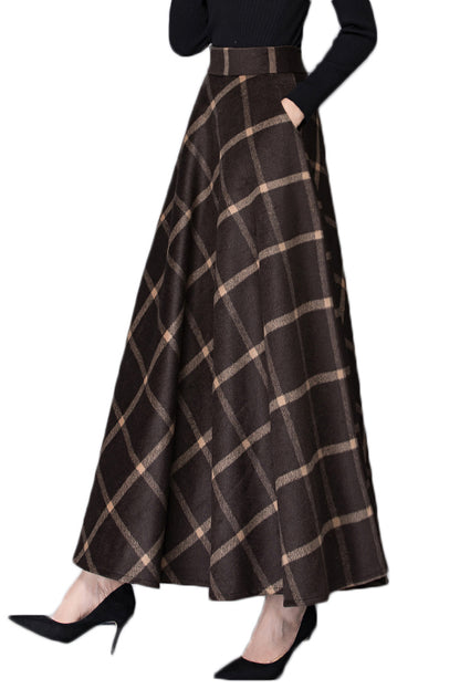 Brown Wool A-Line Maxi Skirt - High Waist with Pockets 3792