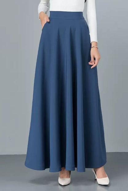 Black Cotton Blend A-Line Long Skirt - Back Elastic Waist 4092