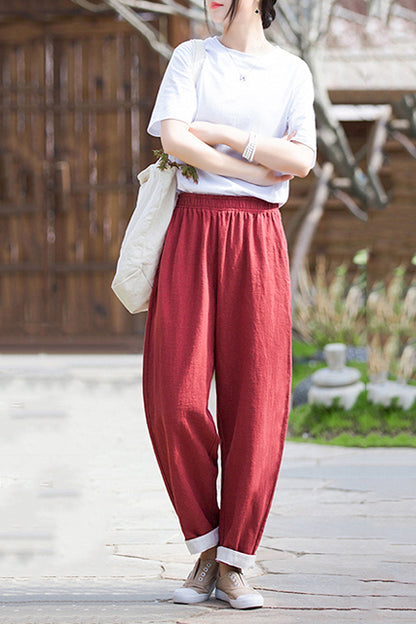 Navy Linen Blend Wide Leg Pants - Vintage Inspired Elastic Waist 3671