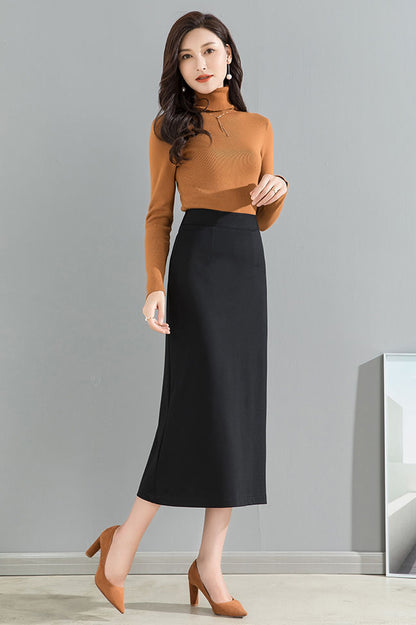 Women Black Long Wrap Skirt 4093