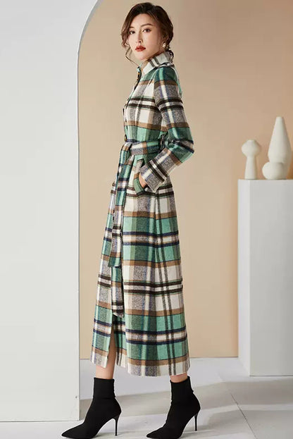 Handmade Green Plaid Wool Coat – Elegant Belted High Neck Long Overcoat | Xiaolizi 3996