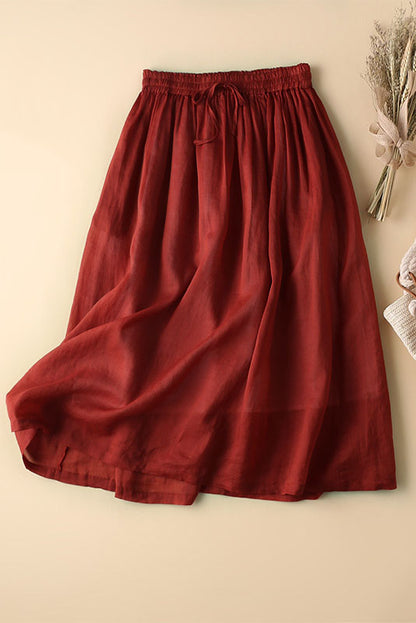 Rust Red Linen Maxi Skirt - Elastic Waist A-Line Silhouette 3593