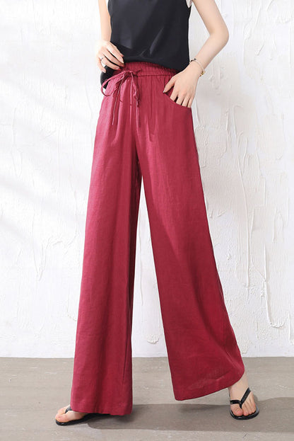 Light Grey Linen Wide Leg Pants - Elastic Waist, Belted Detail 3525