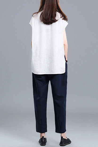 White Linen Cotton Short Sleeve Top - Loose Fit with Front Pocket 3677