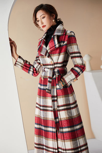 Handmade Plaid Wool Coat – Vintage Red Check Double-Breasted Long Belted Overcoat | Xiaolizi 3990