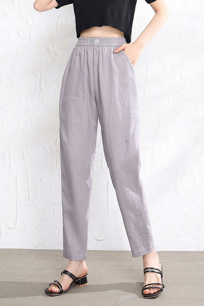 Beige Linen Pants - Elastic Waist, Relaxed Fit 3513