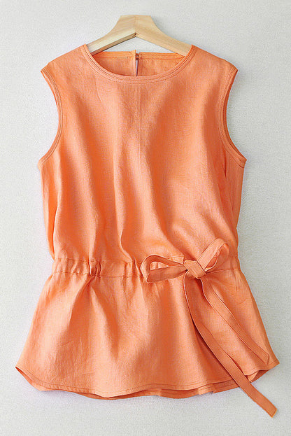 Apricot Linen Sleeveless Top - Relaxed Fit with Waist Tie 3659
