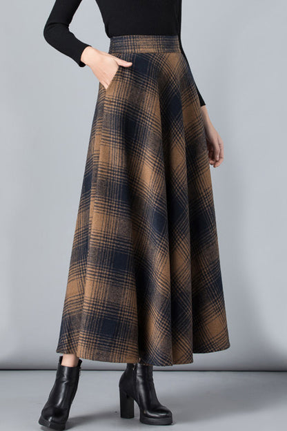 Brown Plaid Wool Maxi Skirt – Handmade Long Winter Skirt with Pockets | Xiaolizi 3801