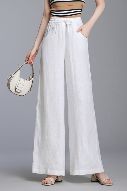 Light Grey Linen Wide Leg Pants - Elastic Waist, Belted Detail 3525
