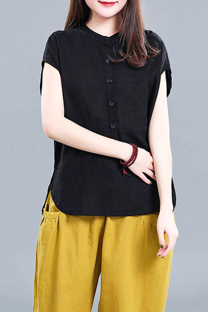 White Linen Cotton Short Sleeve Top - Loose Fit with Front Pocket 3677