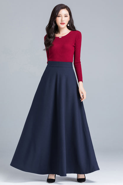Navy Cotton Blend Maxi Skirt - A-Line Silhouette with Back Elastic Waist 4090