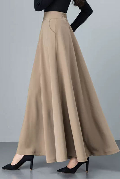 Black Cotton Blend A-Line Long Skirt - Back Elastic Waist 4092