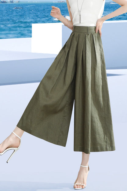 Wine Red Linen Wide Leg Pants - Back Elastic Waist, Front Pockets 3528