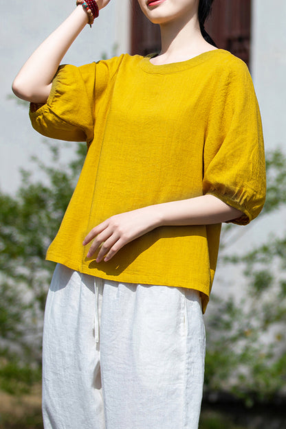 Off White Linen Blend Round Neck Top - Loose Fit Half Sleeve 3674