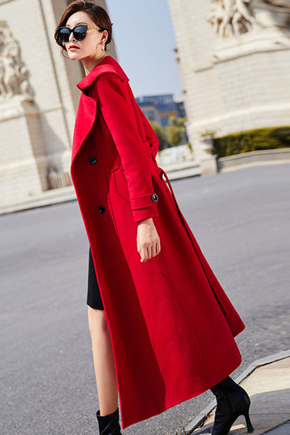 Red Wool Maxi Coat - Double Breasted with Tie Belt Waist 3194