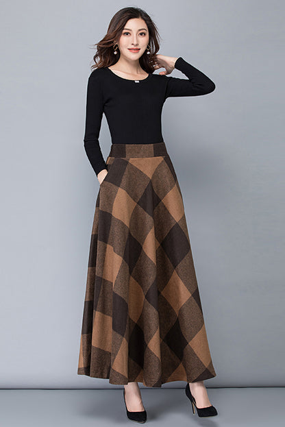 Brown Wool Maxi Skirt - Vintage Plaid Full Length 3782