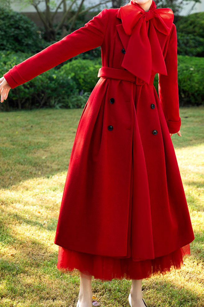 Red Belt Long Wool Coat 3737