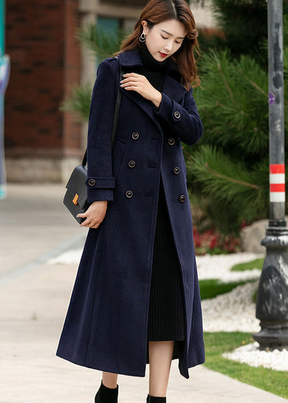 Navy Wool Maxi Coat - Double Breasted A-Line with Belt 2459