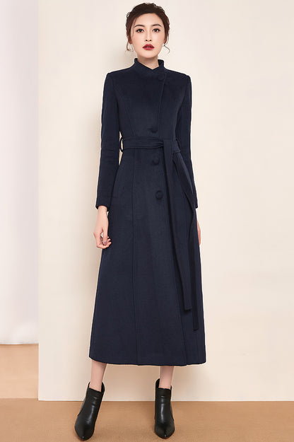 Handmade Light Gray Wool Coat – Elegant High Neck Belted Long Overcoat | Xiaolizi 3983