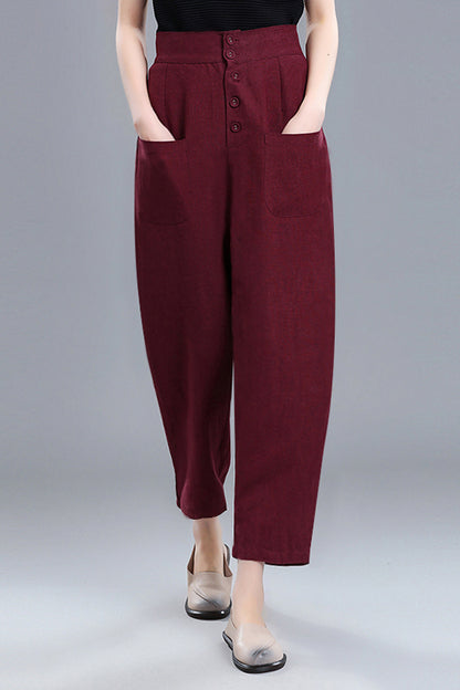 Wine Red Linen Cotton Wide Leg Pants - Vintage High Waist 3670