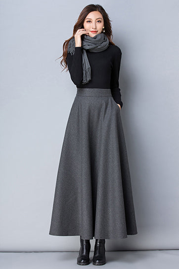 Dark Grey Wool Long Skirt - Full Flowy Ankle Length 3790