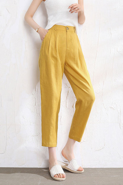 Rust Brown Linen Casual Pants - Loose Fit, Elastic Waist 3512