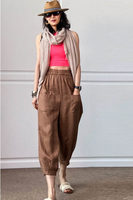 Brown Linen Wide Leg Cropped Pants - Elastic Waist, Front Pockets 3507