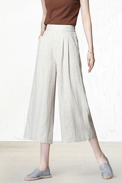 Yellow Linen Wide Leg Pants - Back Elastic Waist, Front Pockets 3523