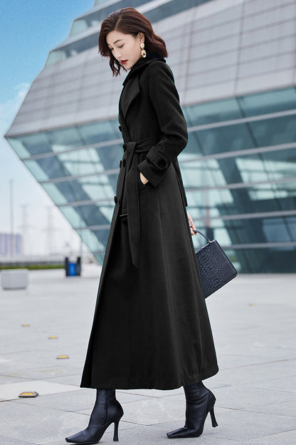 Elegant Handmade Wool Coat – Long Black Double-Breasted Trench Style Overcoat | Xiaolizi 3988