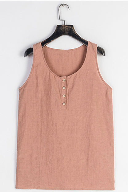100% Linen Tank Top - Scoop Neck Decorative Buttons | Xiaolizi 3410