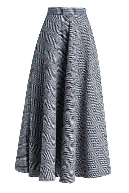 Plaid Wool Skirt - High Waist Ankle Length with Full Silhouette 3945