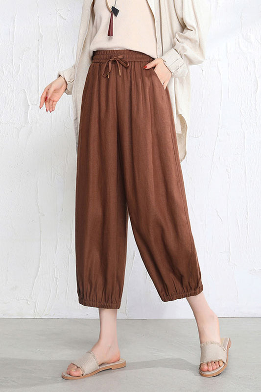 Brown Linen Wide Leg Pants - Elastic Waist and Casual Fit 3519