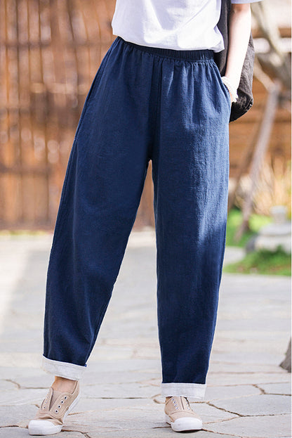 Navy Linen Blend Wide Leg Pants - Vintage Inspired Elastic Waist 3671