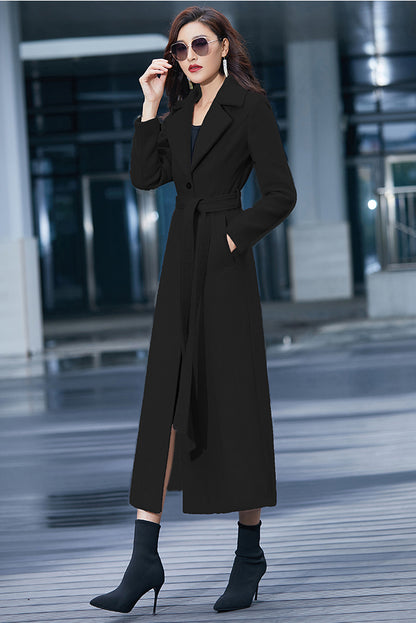 Handmade Red Wool Coat – Elegant Belted Long Fit and Flare Winter Overcoat | Xiaolizi 3984