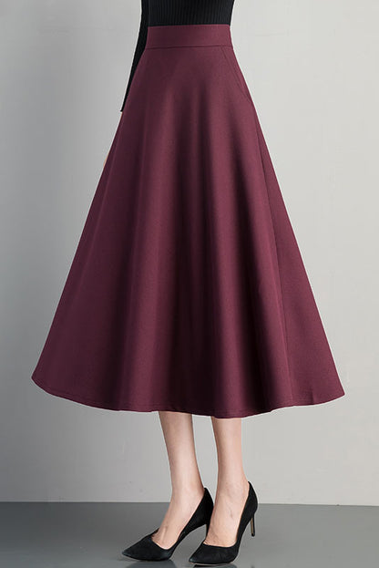 Burgundy Cotton Blend A-Line Midi Skirt - Back Elastic Waist 4102