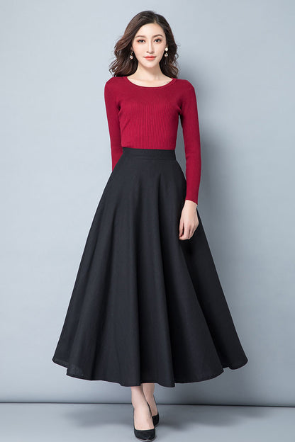 Dark Green Linen A-Line Maxi Skirt - High Waist with Side Pockets 4114