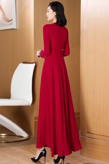 Red Polyester Maxi Dress - Fit and Flare V-Neck Silhouette 3198