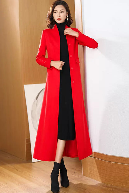 Red Wool Coat – Handmade Long Button Front Fit & Flare Winter Overcoat for Women 3972