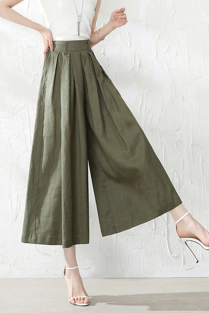 Wine Red Linen Wide Leg Pants - Back Elastic Waist, Front Pockets 3528