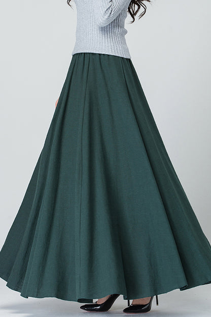 Emerald Green Linen Cotton Maxi Skirt - Pleated, Elastic Waist 4089