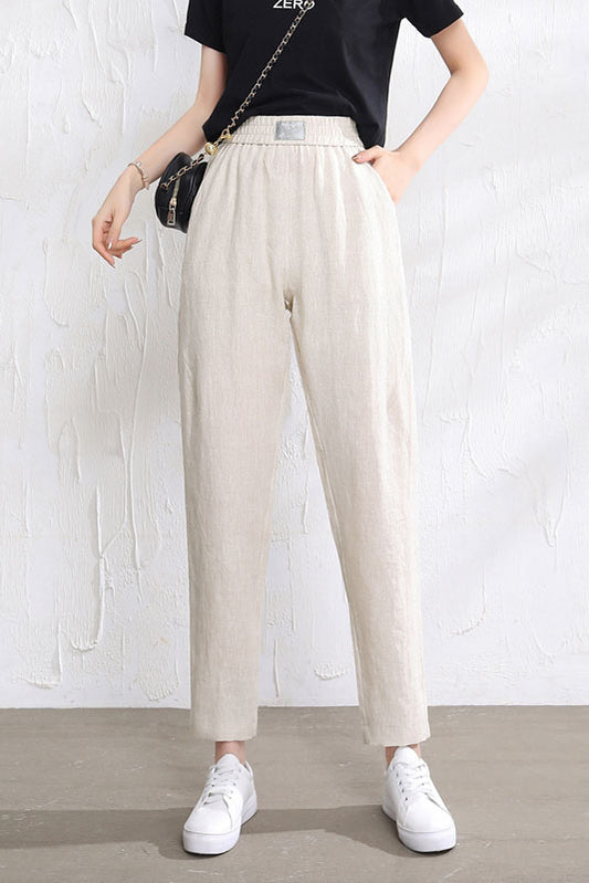 Beige Linen Pants - Elastic Waist, Relaxed Fit 3513